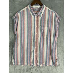 Orvis Shirt Womens Sz‎ M Multicolor Linen Rayon Striped Button Up Coastal Preppy
